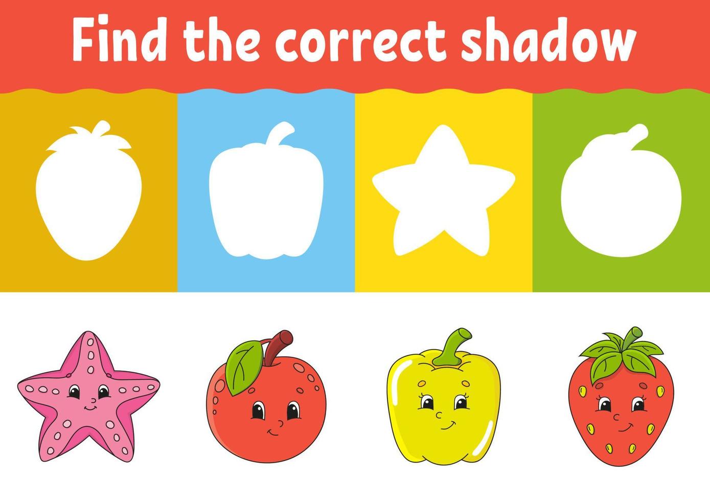 Find the correct shadow. Education developing worksheet. Matching game for kids. Activity page. Puzzle for children. Riddle for preschool. Cute character. Isolated vector illustration. Cartoon style.