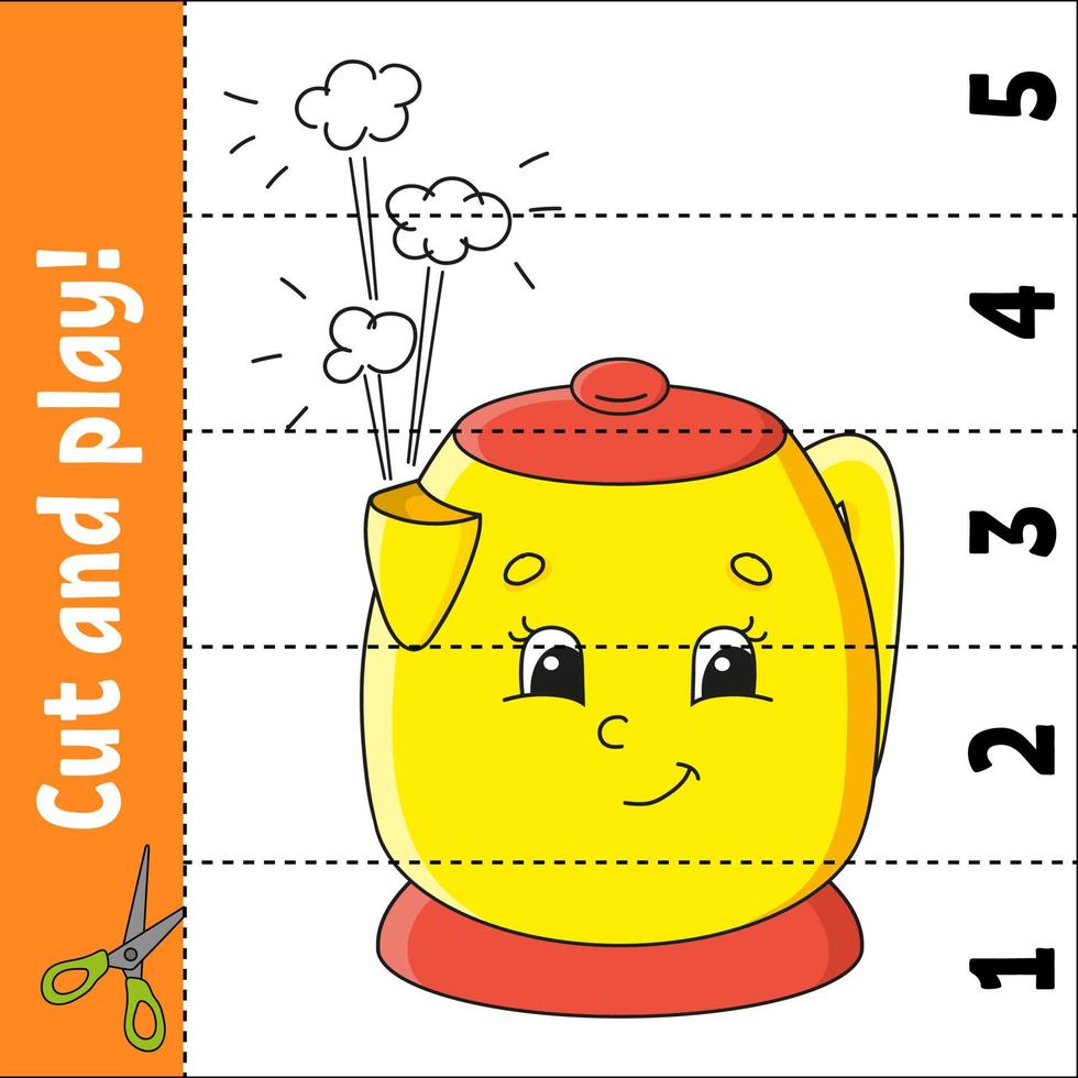 Learning numbers. Cut and play. Education developing worksheet. Game for kids. Activity page. Puzzle for children. Riddle for preschool. Flat isolated vector illustration. Cute cartoon style.