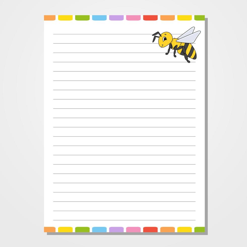 Sheet template for notebook, notepad, diary. Funny character. Isolated vector illustration. Cartoon style.