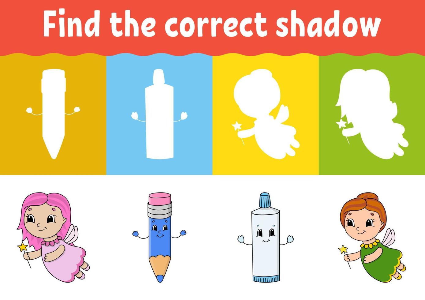 Find the correct shadow. Education developing worksheet. Matching game for kids. Activity page. Puzzle for children. Riddle for preschool. Cute character. Isolated vector illustration. Cartoon style.