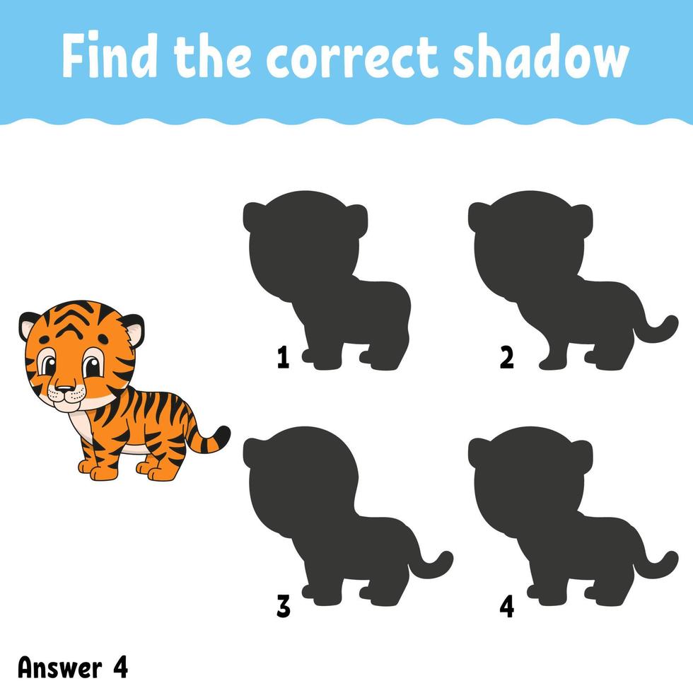 Find the correct shadow. Education developing worksheet. Matching game for kids. Activity page. Puzzle for children. Riddle for preschool. Cute character. Isolated vector illustration. Cartoon style.