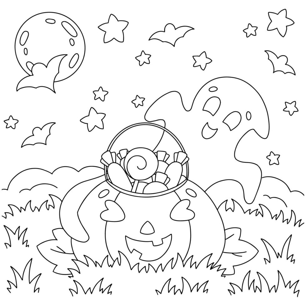 A cute ghost found a pumpkin with sweets on the field. Coloring book page for kids. Halloween theme. Cartoon style character. Vector illustration isolated on white background.