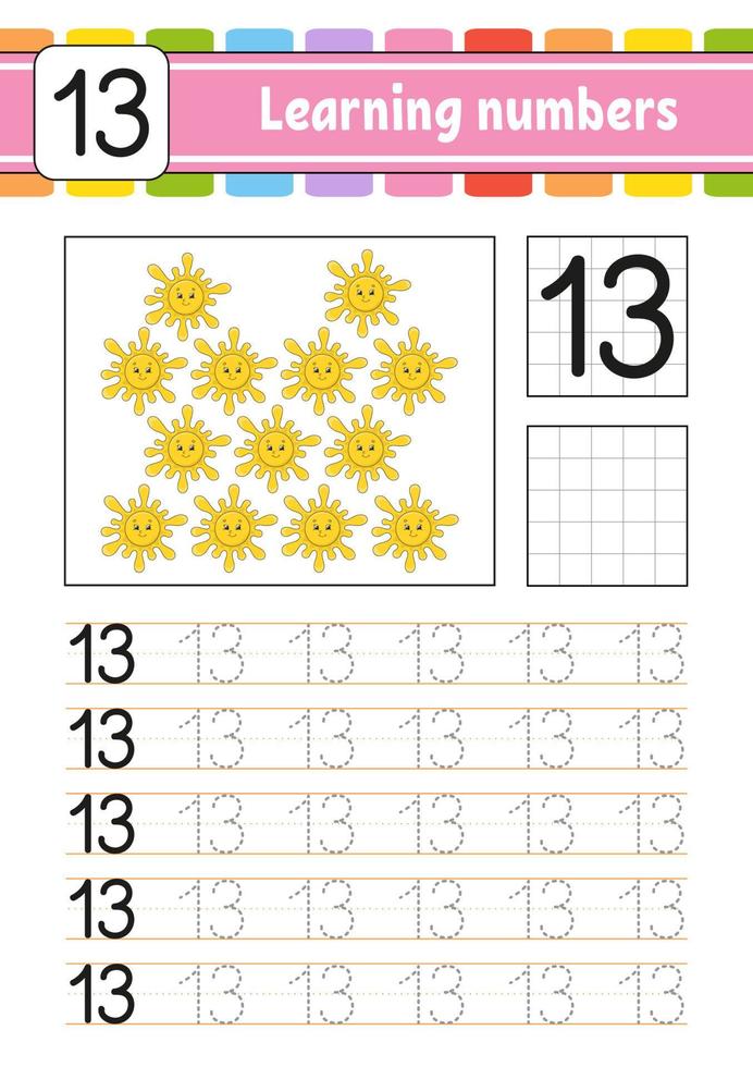 Trace and write. Handwriting practice. Learning numbers for kids. Education developing worksheet. Activity page. Game for toddlers and preschoolers. Isolated vector illustration in cute cartoon style.