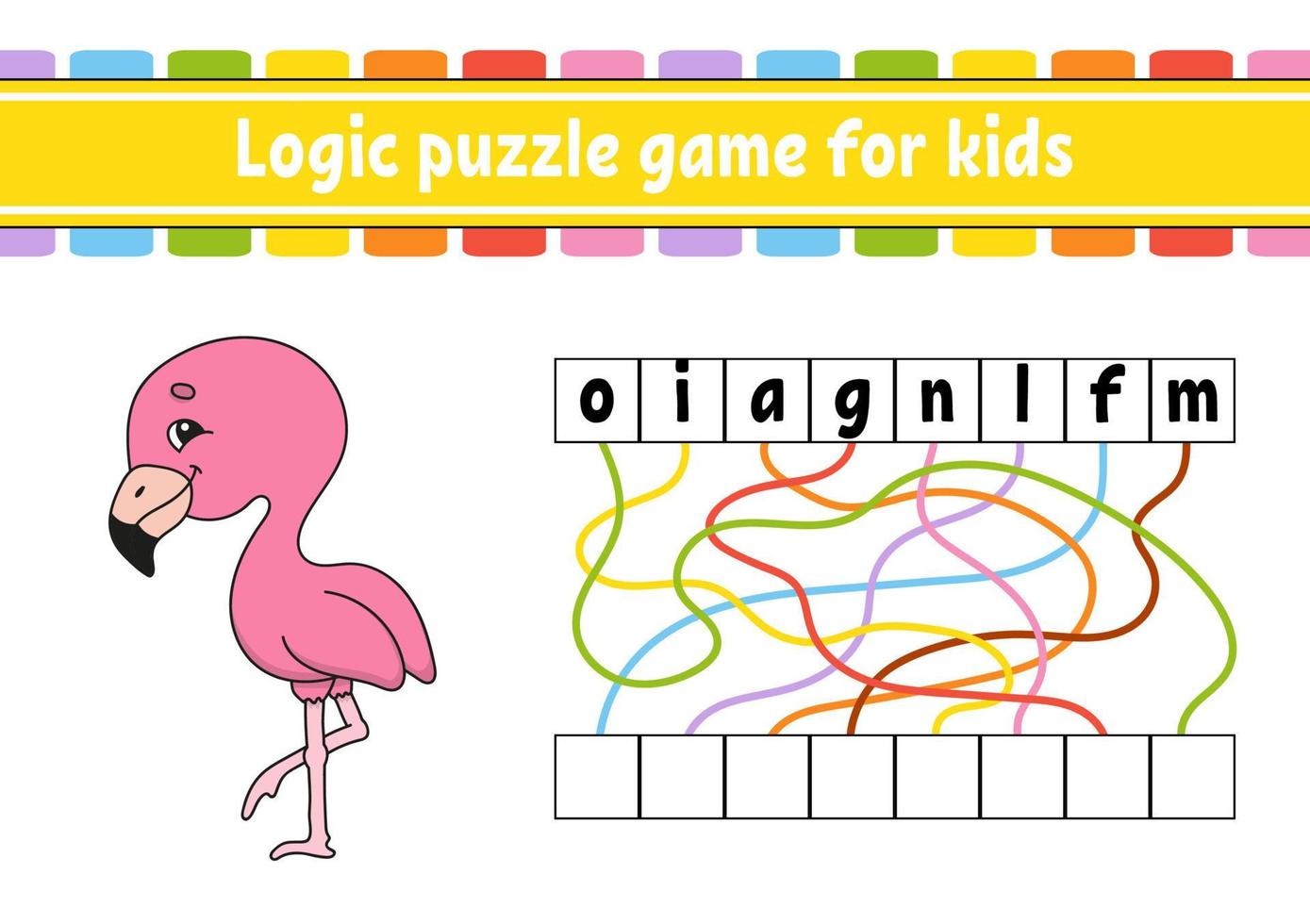 Logic puzzle game. Learning words for kids. Find the hidden name. Education developing worksheet. Activity page for study English. Game for children. Isolated vector illustration. Cartoon style.