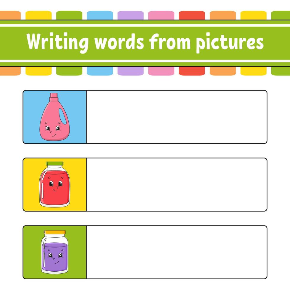 Writing words from pictures. Education developing worksheet. Learning