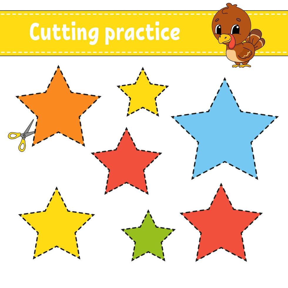 Cutting practice for kids. Education developing worksheet. Activity page with pictures. Game for children. Isolated vector illustration. Funny character. Cartoon style.