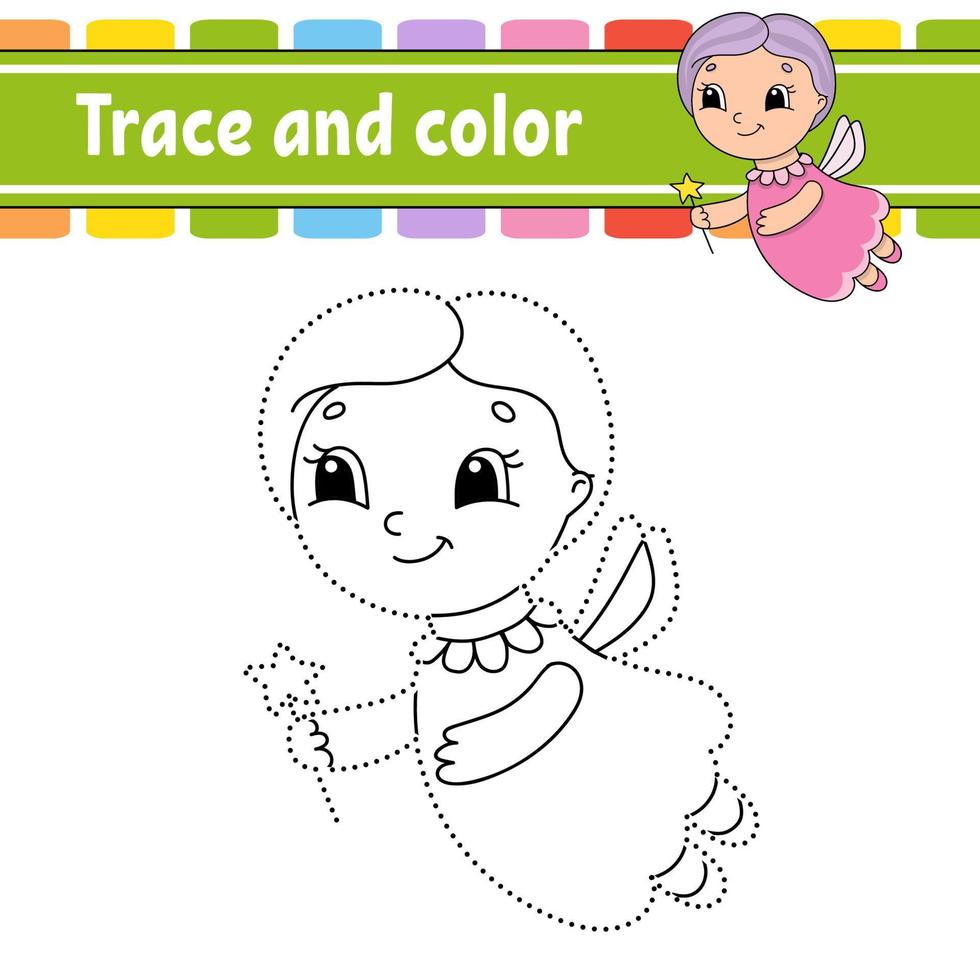 Trace and color. Coloring page for kids. Handwriting practice. Education developing worksheet. Activity page. Game for toddler and preschoolers. Isolated vector illustration. Cartoon style.