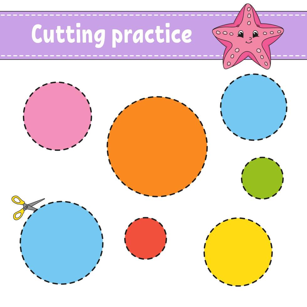 Cutting practice for kids. Education developing worksheet. Activity page with pictures. Game for children. Isolated vector illustration. Funny character. Cartoon style.