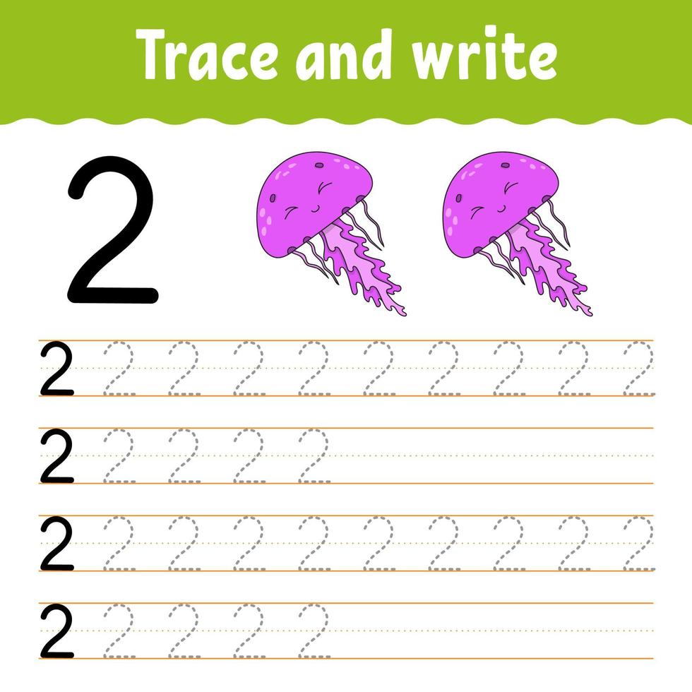 Trace and write. Handwriting practice. Learning numbers for kids. Education developing worksheet. Activity page. Game for toddlers and preschoolers. Isolated vector illustration in cute cartoon style.