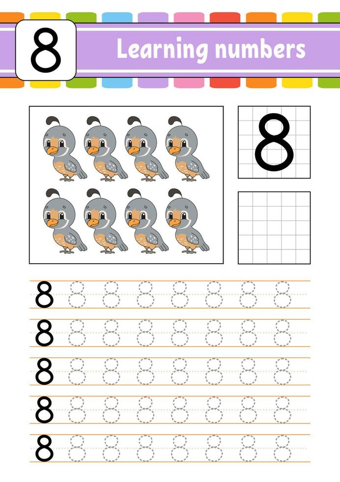 Trace and write. Handwriting practice. Learning numbers for kids. Education developing worksheet. Activity page. Game for toddlers and preschoolers. Isolated vector illustration in cute cartoon style.