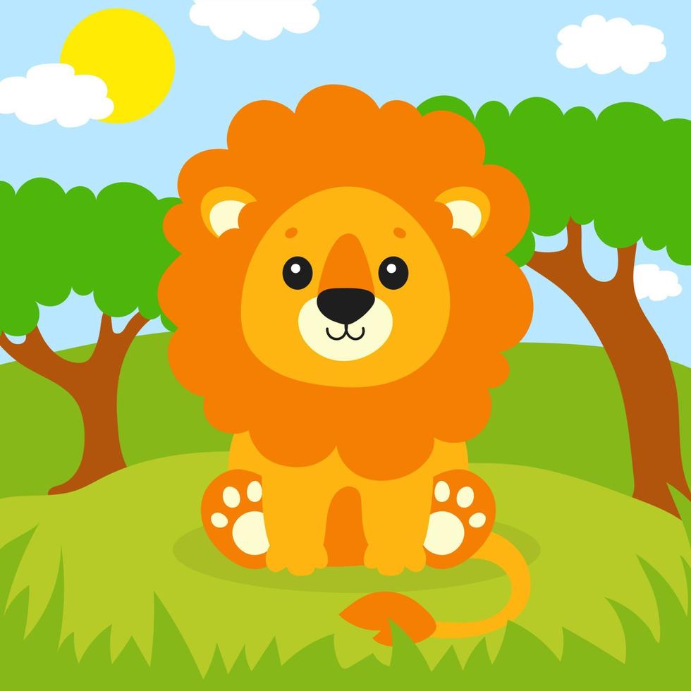 A cute lion is standing on the grass. Beautiful landscape. Colored background for your design. For wallpapers, covers, postcards, banners. Vector illustration.