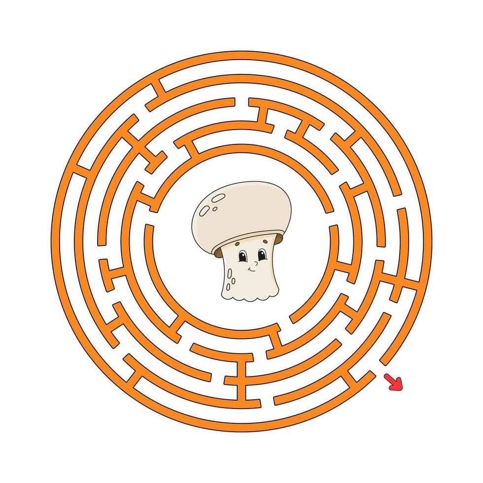 Funny circle maze. Game for kids. Puzzle for children. Cartoon style. Round labyrinth conundrum. Color vector illustration. Find the right path. The development of logical and spatial thinking.