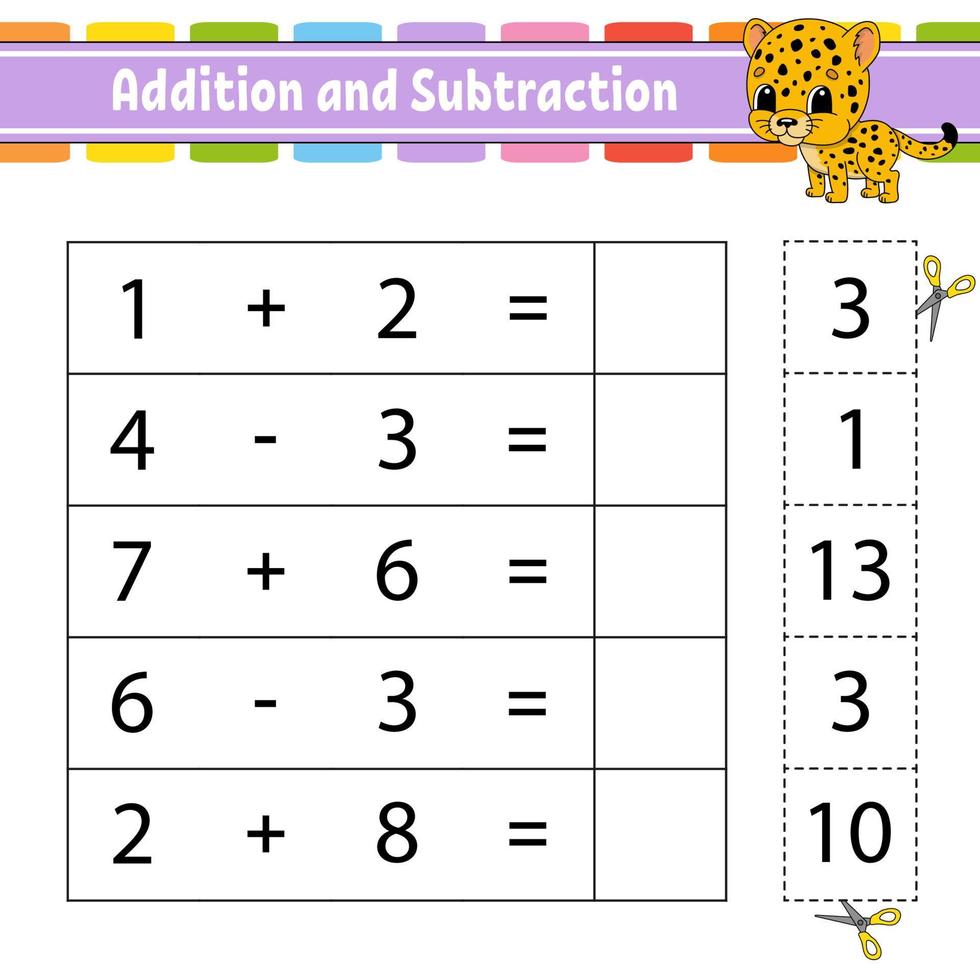 Addition and subtraction. Task for kids. Education developing worksheet. Activity page. Game for children. Funny character. Isolated vector illustration. Cartoon style.