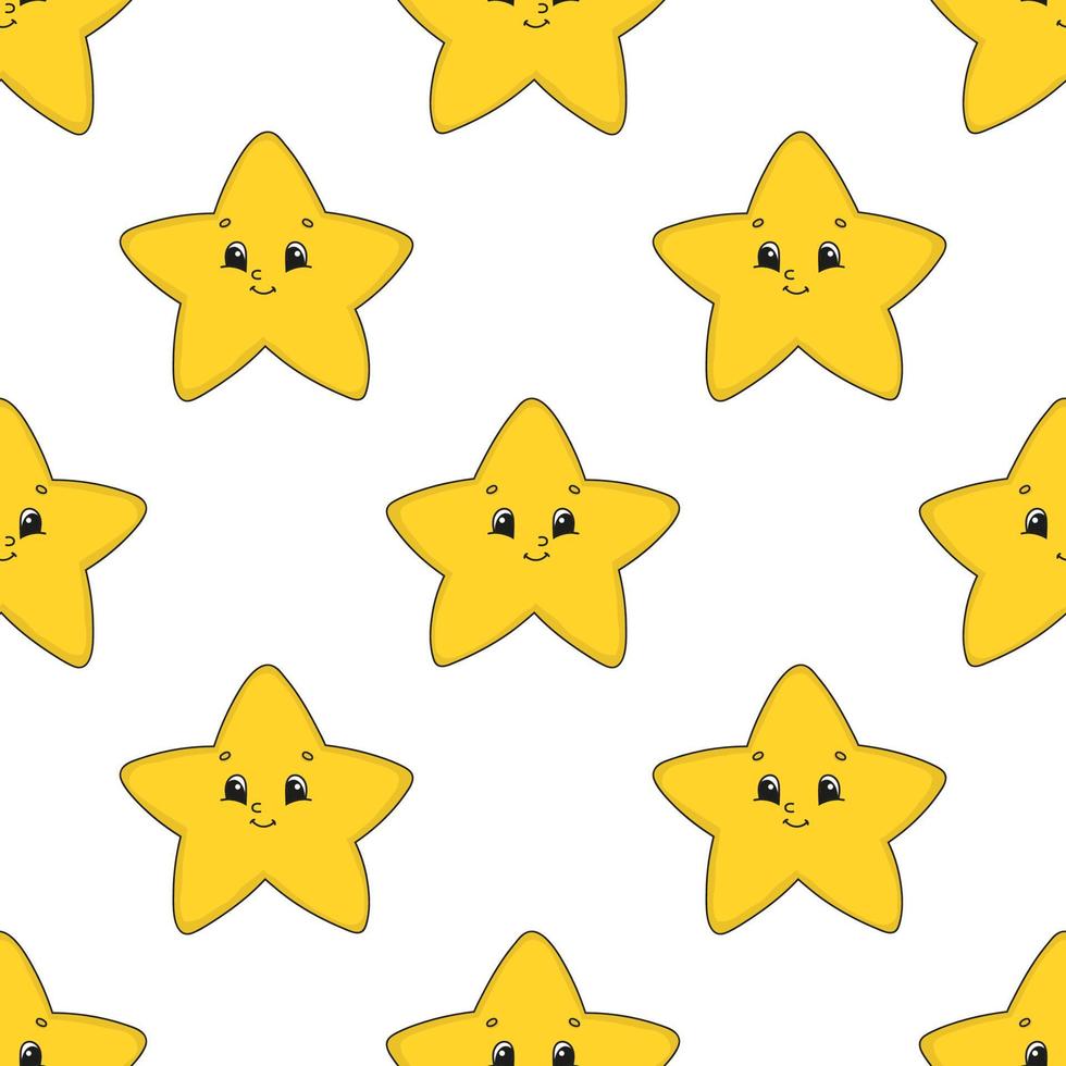 Happy star. Colored seamless pattern with cute cartoon character. Simple flat vector illustration isolated on white background. Design wallpaper, fabric, wrapping paper, covers, websites.