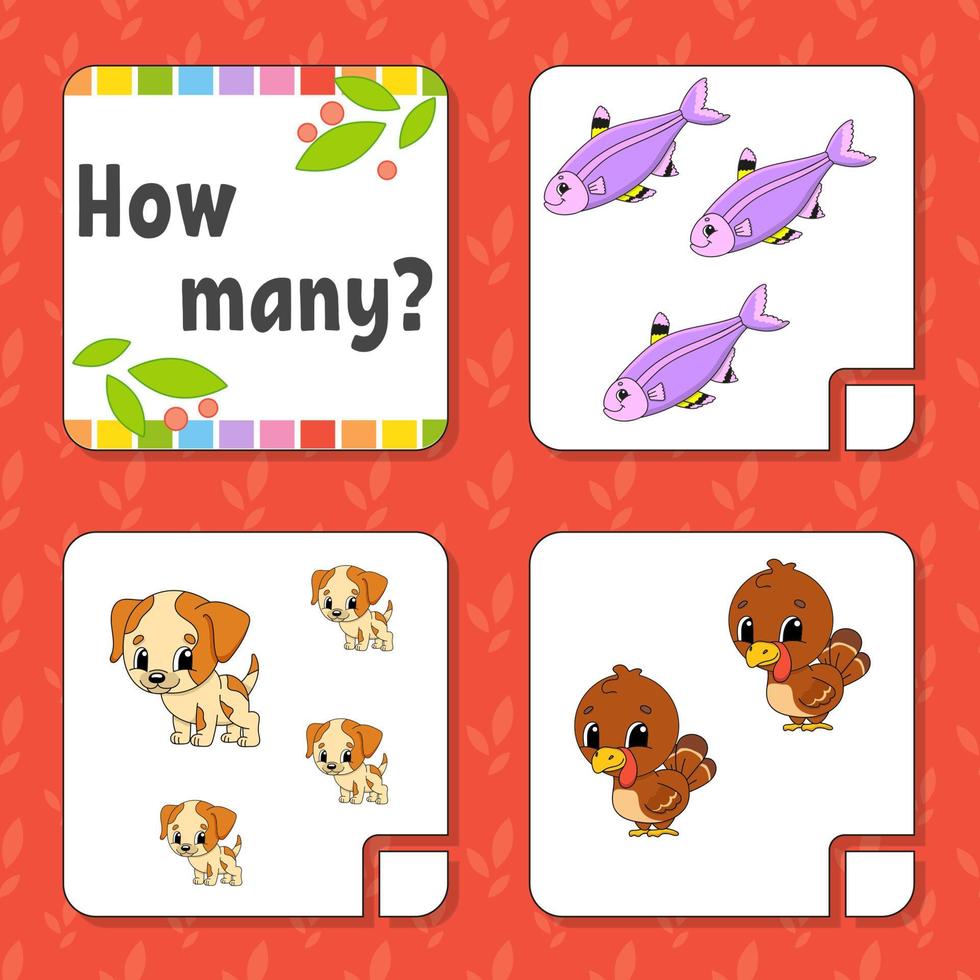 Counting game for children. Happy characters. Learning mathematics. How many object in the picture. Education worksheet. With space for answers. Isolated vector illustration in cute cartoon style.
