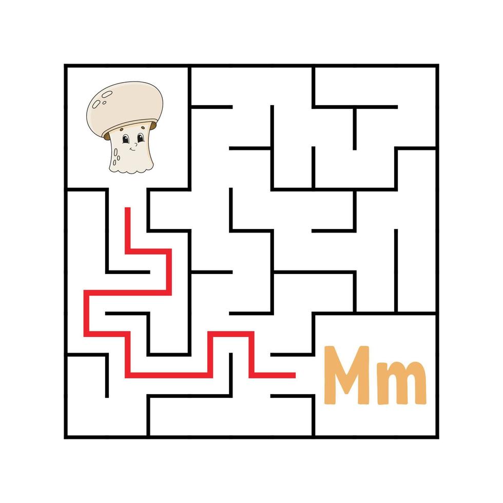 Square maze. Game for kids. Funny quadrate labyrinth. Education worksheet. Activity page. Puzzle for children. Cute cartoon style. Find the right way. Logical conundrum. Color vector illustration.
