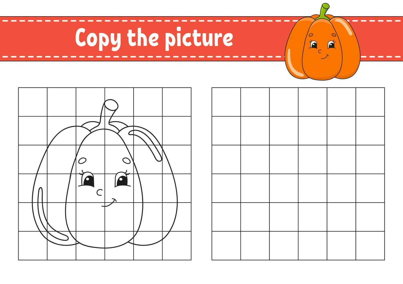 Copy the picture. Coloring book pages for kids. Education developing worksheet. Game for children. Handwriting practice. Funny character. Cute cartoon vector illustration.