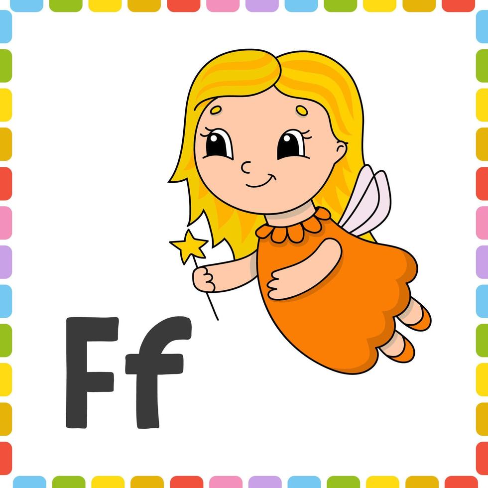 Funny alphabet. ABC flash cards. Cartoon cute character isolated on white background. For kids education. Learning letters. Vector illustration.