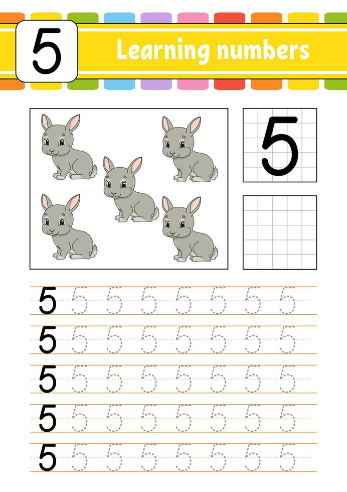 Trace and write. Handwriting practice. Learning numbers for kids. Education developing worksheet. Activity page. Game for toddlers and preschoolers. Isolated vector illustration in cute cartoon style.