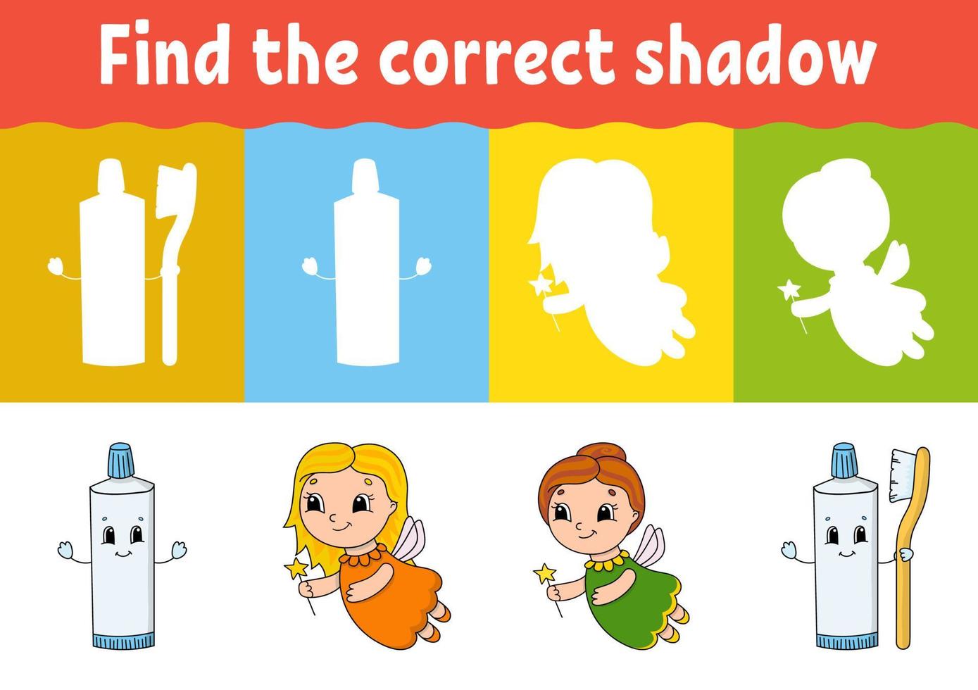 Find the correct shadow. Education developing worksheet. Matching game for kids. Activity page. Puzzle for children. Riddle for preschool. Cute character. Isolated vector illustration. Cartoon style.