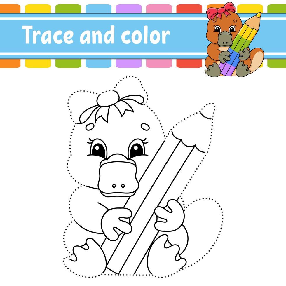 Trace and color. Coloring page for kids. Handwriting practice. Education developing worksheet. Activity page. Game for toddlers. Isolated vector illustration. Cartoon style.