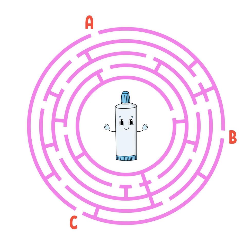 Circle maze. Game for kids. Puzzle for children. Round labyrinth conundrum. Color vector illustration. Find the right path. The development of logical and spatial thinking. Education worksheet.