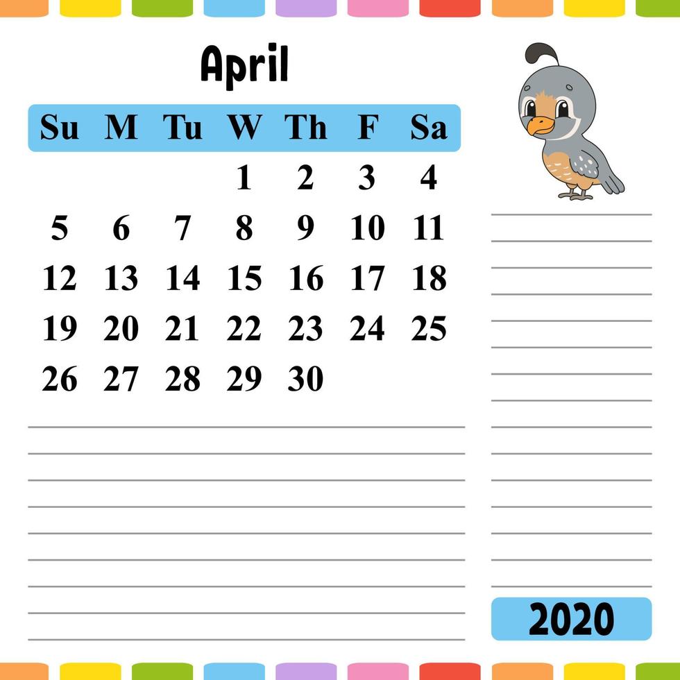 Calendar for 2020 with a cute character. Fun and bright design. Isolated vector illustration. Cartoon style.