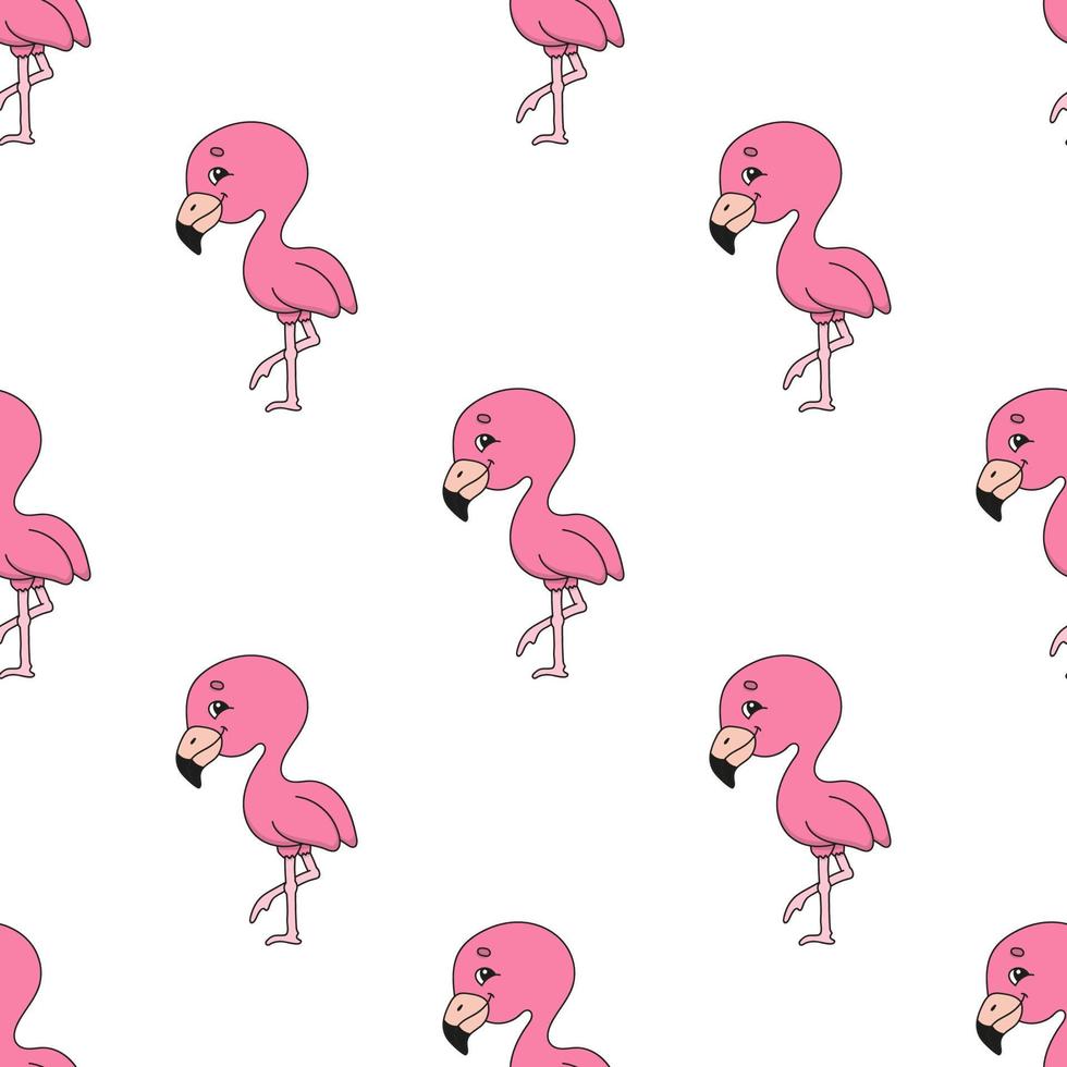 Happy flamingo. Colored seamless pattern with cute cartoon character. Simple flat vector illustration isolated on white background. Design wallpaper, fabric, wrapping paper, covers, websites.