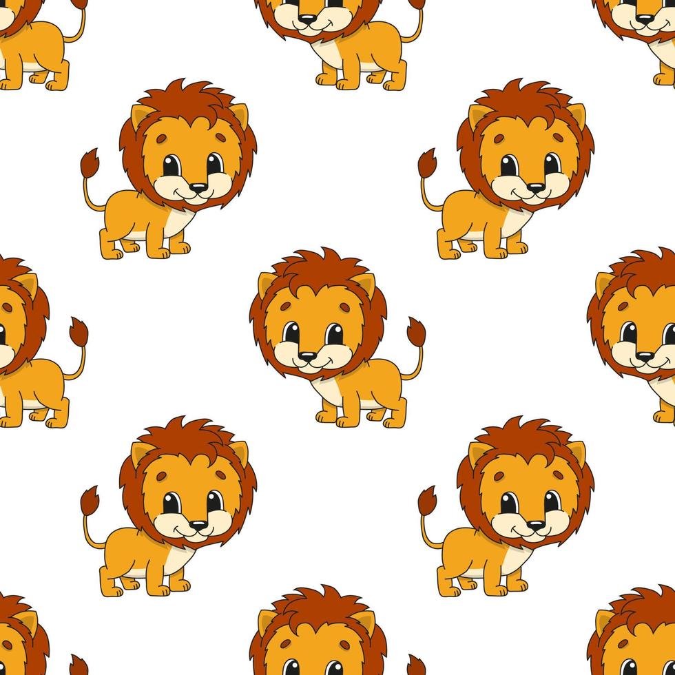 Happy lion. Colored seamless pattern with cute cartoon character. Simple flat vector illustration isolated on white background. Design wallpaper, fabric, wrapping paper, covers, websites.