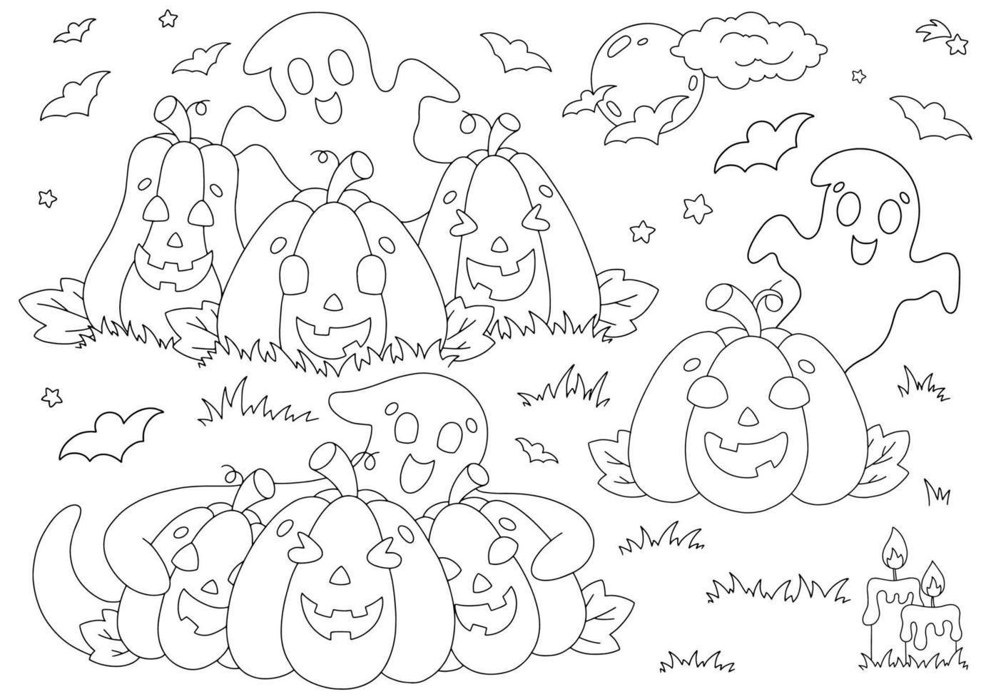 Set of elements for Halloween pumpkins, ghosts, bats. Coloring book page for kids. Cartoon style character. Vector illustration isolated on white background.