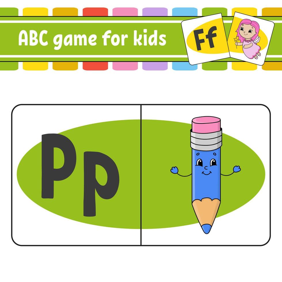 ABC flash cards. Alphabet for kids. Learning letters. Education developing worksheet. Activity page for study English. Game for children. Funny character. Isolated vector illustration. Cartoon style.