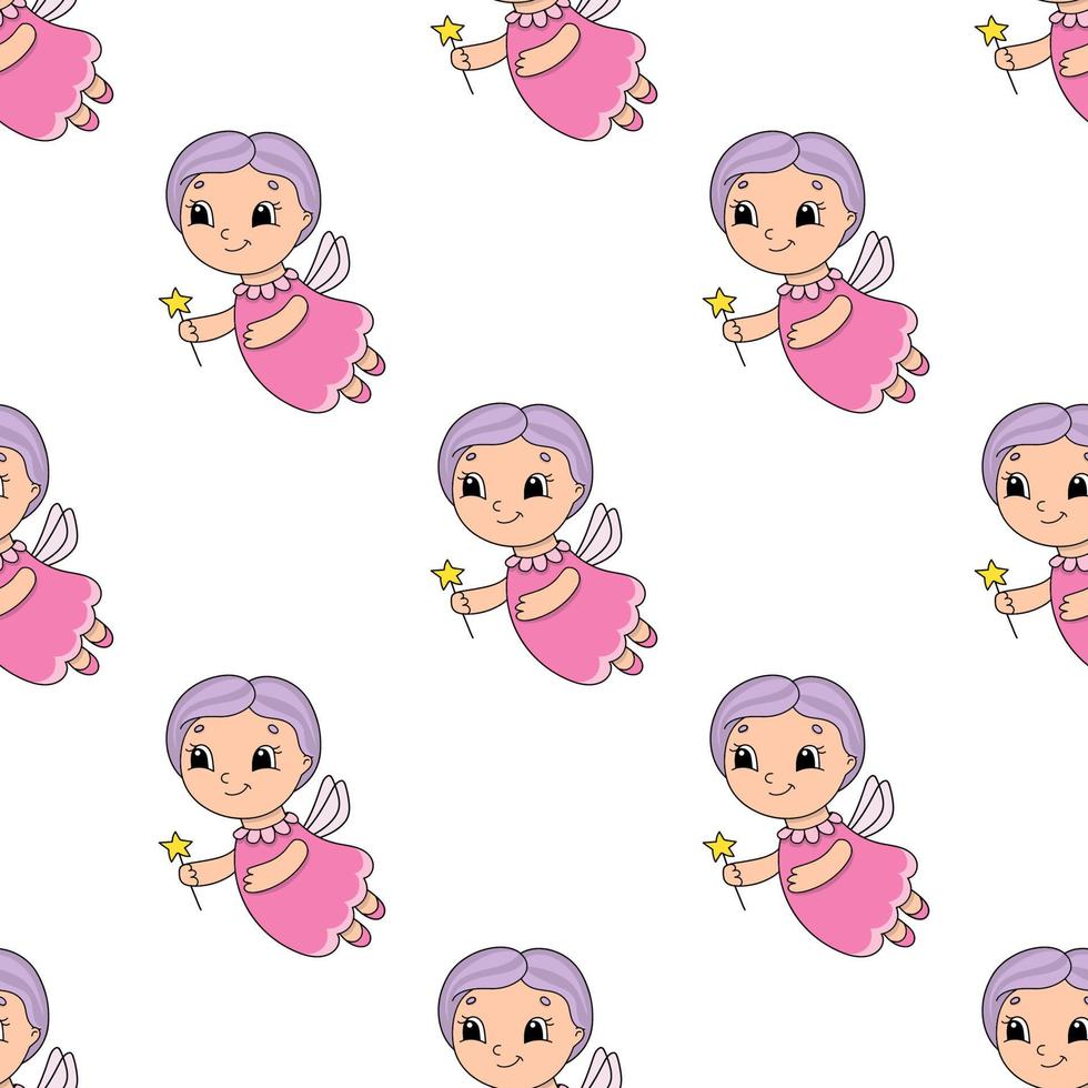 Happy fairy. Colored seamless pattern with cute cartoon character. Simple flat vector illustration isolated on white background. Design wallpaper, fabric, wrapping paper, covers, websites.