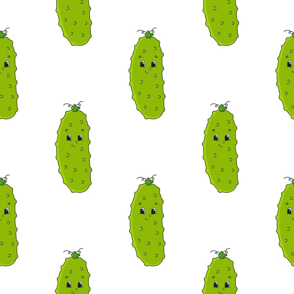 Happy cucumber. Colored seamless pattern with cute cartoon character. Simple flat vector illustration isolated on white background. Design wallpaper, fabric, wrapping paper, covers, websites.
