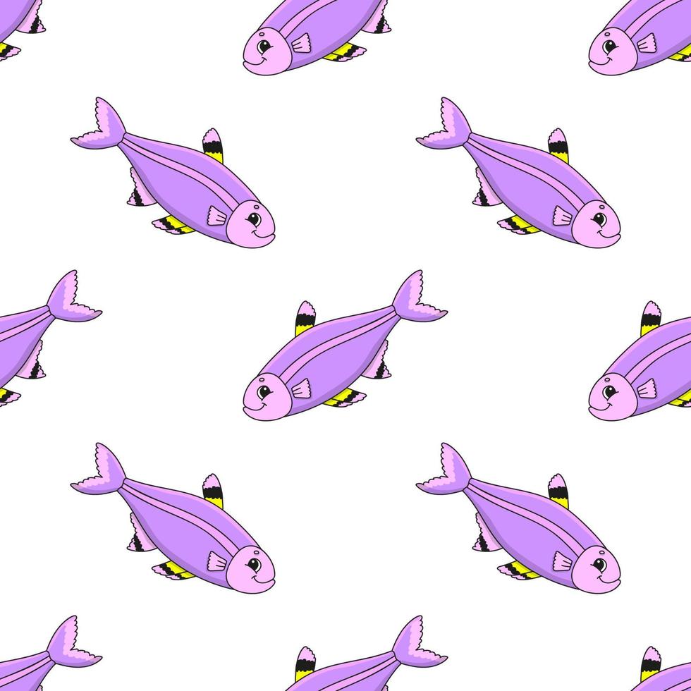 Happy fish. Colored seamless pattern with cute cartoon character. Simple flat vector illustration isolated on white background. Design wallpaper, fabric, wrapping paper, covers, websites.