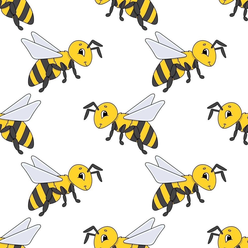 Happy bee. Colored seamless pattern with cute cartoon character. Simple flat vector illustration isolated on white background. Design wallpaper, fabric, wrapping paper, covers, websites.