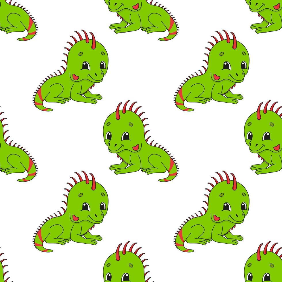 iguana feliz. patrón transparente coloreado con personaje de dibujos animados lindo. Ilustración de vector plano simple aislado sobre fondo blanco. diseño de papel tapiz, tela, papel de regalo, cubiertas, sitios web.