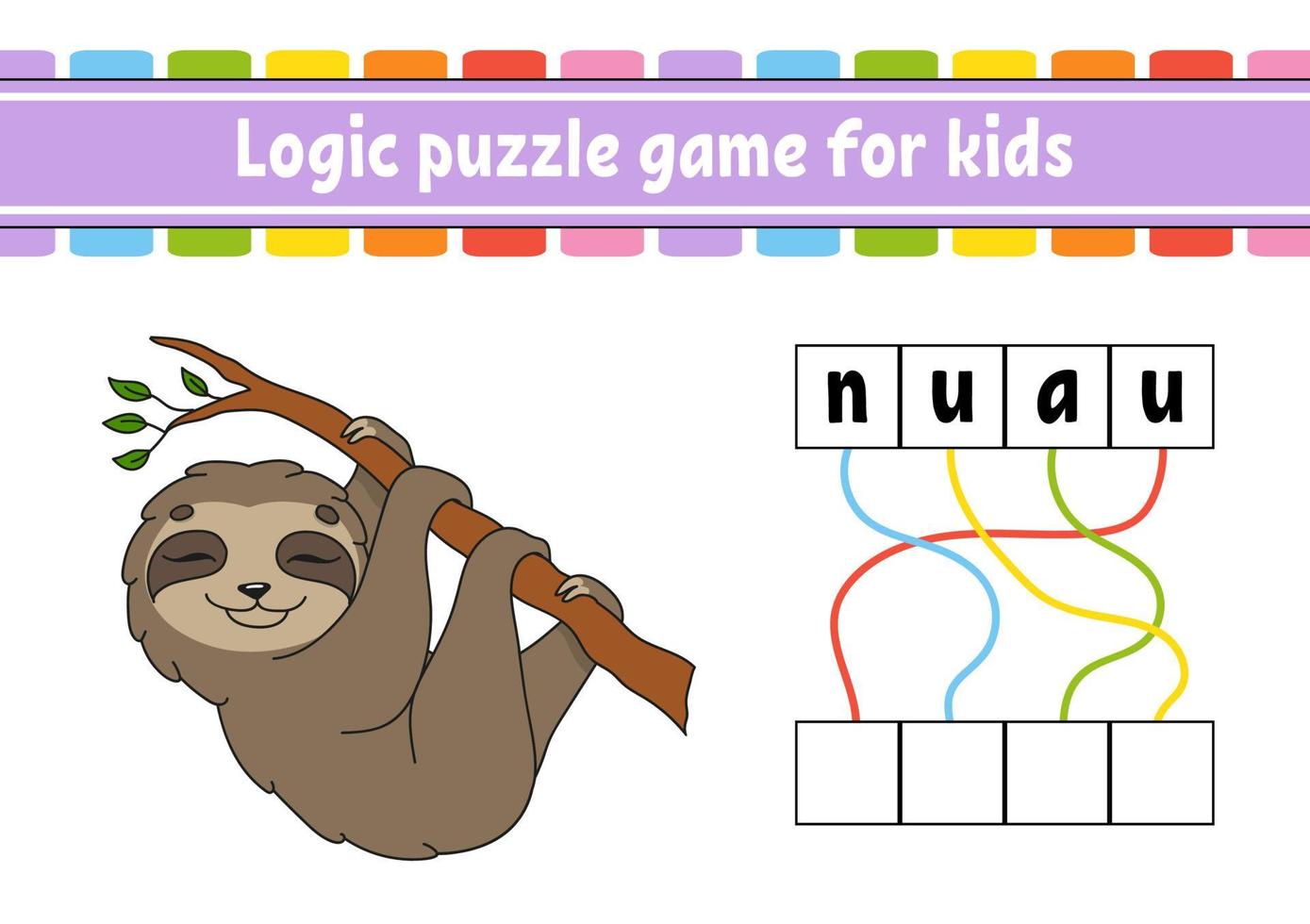 Logic puzzle game. Learning words for kids. Find the hidden name. Education developing worksheet. Activity page for study English. Game for children. Isolated vector illustration. Cartoon style.