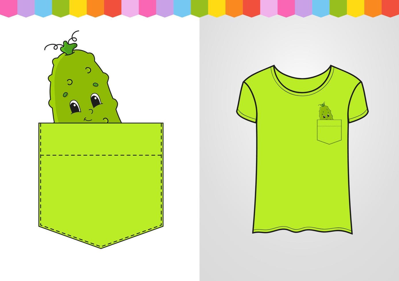 Cucumber in shirt pocket. Cute character. Colorful vector illustration. Cartoon style. Isolated on white background. Design element. Template for your shirts, books, stickers, cards, posters.