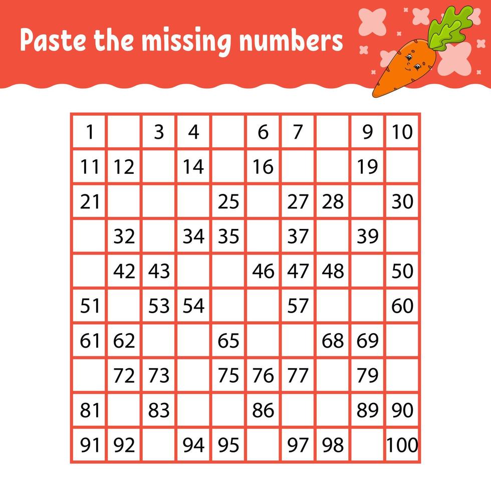 Paste the missing numbers. Handwriting practice. Learning numbers for kids. Education developing worksheet. Activity page. Game for children. Isolated vector illustration in cute cartoon style.