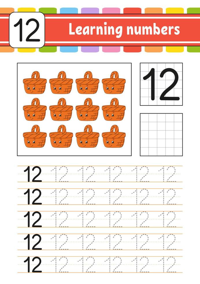 Learning numbers for kids. Handwriting practice. Education developing worksheet. Activity page. Game for toddlers and preschoolers. Isolated vector illustration in cute cartoon style.