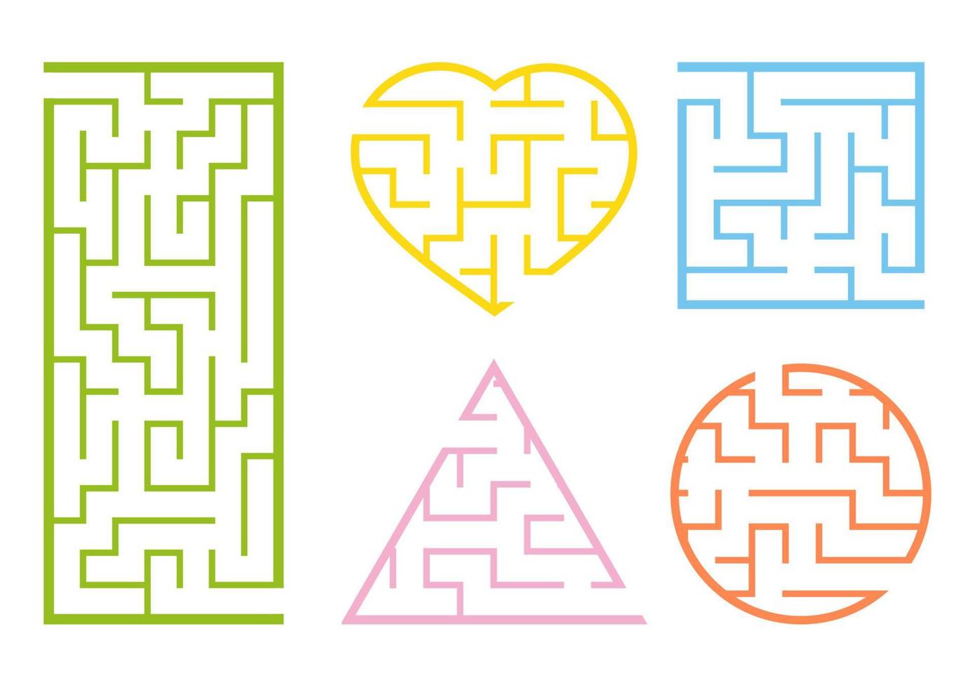 A set of mazes. Game for kids. Puzzle for children. Labirinth conundrum. Cartoon style. Visual worksheets. Riddle for preschool. Activity page. Education developing sheet. Color vector illustration.