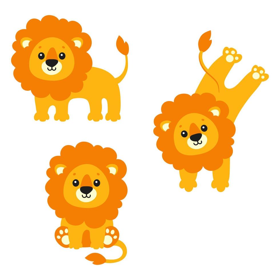 Cute lion. Wild animal. Cartoon character. Colorful vector illustration. Isolated on white background. Design element. Template for your design, books, stickers, cards.