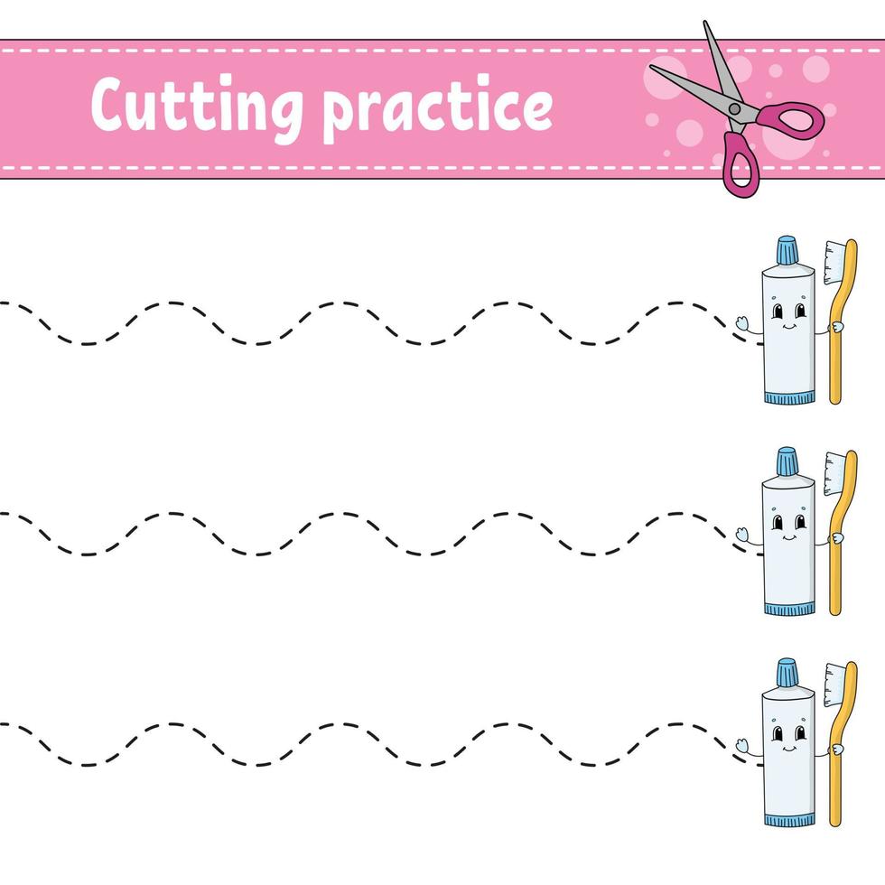 Cutting practice for kids. Education developing worksheet. Activity page with pictures. Game for children. Isolated vector illustration. Funny character. Cartoon style.