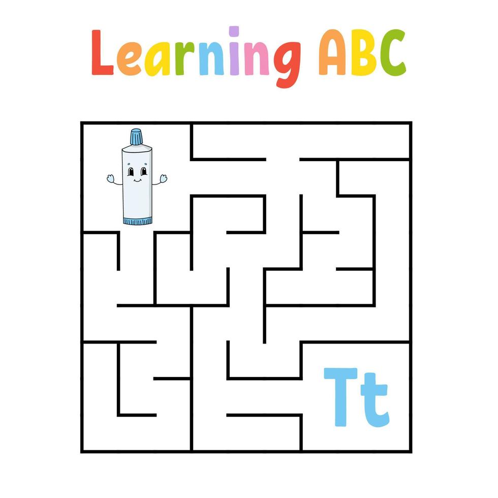 Square maze. Game for kids. Quadrate labyrinth. Education worksheet. Activity page. Learning alphabet. Cute cartoon style. Find the right way. Logical conundrum. Color vector illustration.