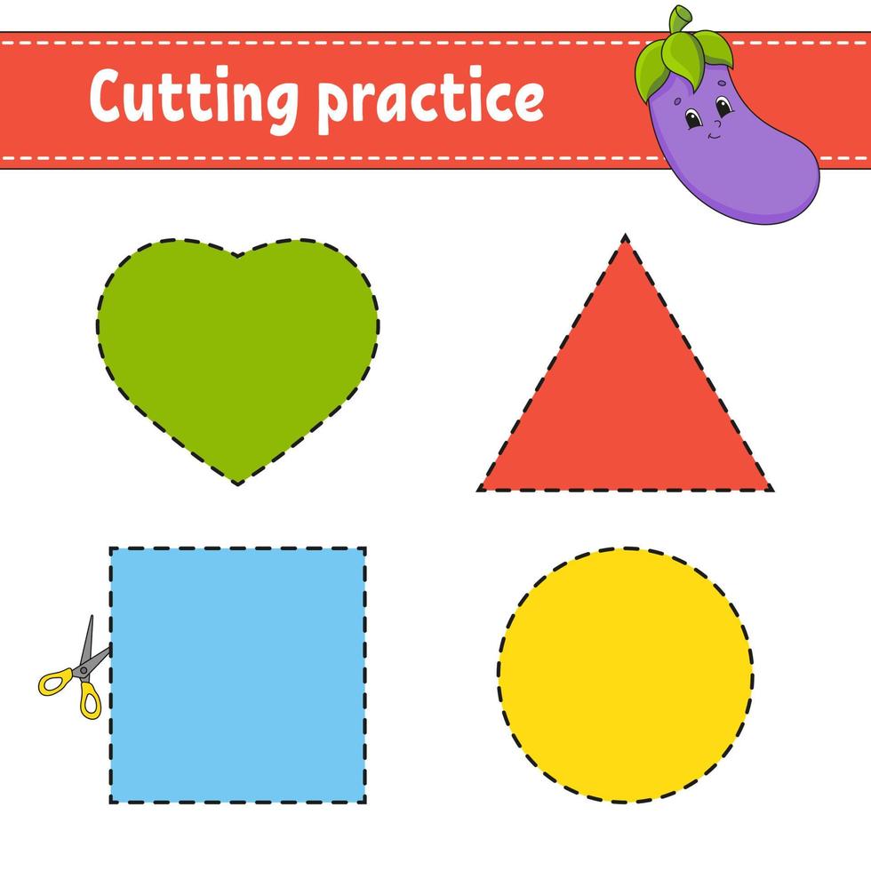 Cutting practice for kids. Education developing worksheet. Activity page with pictures. Game for children. Isolated vector illustration. Funny character. Cartoon style.