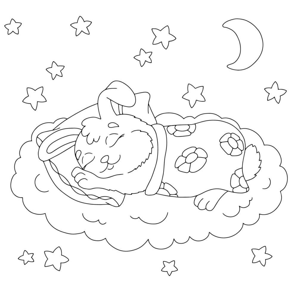 A cute rabbit sleeps under a blanket. Coloring book page for kids. Cartoon style. Vector illustration isolated on white background.