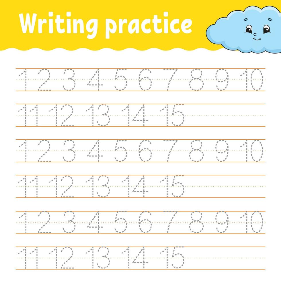 Trace and write. Handwriting practice. Learning numbers for kids. Education developing worksheet. Activity page. Game for toddlers and preschoolers. Isolated vector illustration in cute cartoon style.