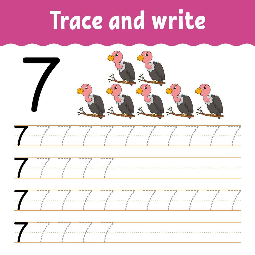 Trace and write. Handwriting practice. Learning numbers for kids. Education developing worksheet. Activity page. Game for toddlers and preschoolers. Isolated vector illustration in cute cartoon style.