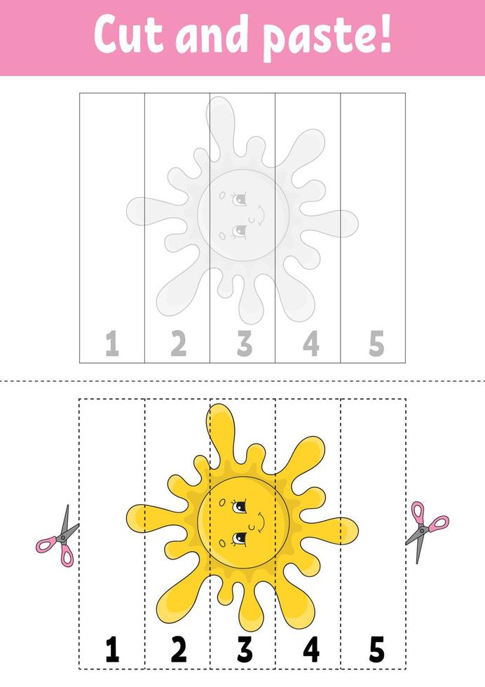 Learning numbers. Cut and play. Education developing worksheet. Game for kids. Activity page. Puzzle for children. Riddle for preschool. Flat isolated vector illustration. Cute cartoon style.