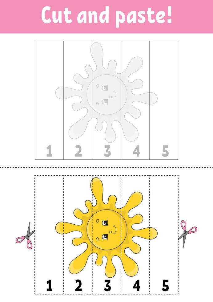 aprender números. cortar y jugar. hoja de trabajo de desarrollo educativo. juego para niños. página de actividad. rompecabezas para niños. acertijo para preescolar. ilustración vectorial plana aislada. estilo de dibujos animados lindo. vector